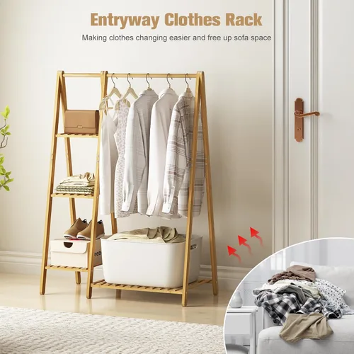 Vista 6 de Perchero pequeño de bambú, perchero de ropa para niños, mini perchero de madera con estantes, percheros cortos para disfraces para colgar paños