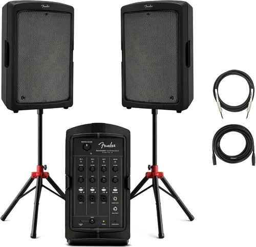 Vista 11 de Fender Paquete de sistema PA portátil Passport Conference S2 con kit de micrófono, soportes de altavoz compactos y cable de instrumento