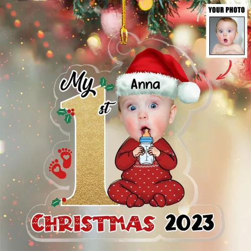 Vista 15 de Adorno personalizado de primera Navidad del bebé con carga de foto, decoración plana colgante de cara de recién nacido para árbol navideño, lindo