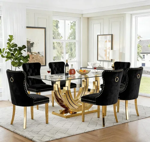 Vista 17 de Moderno juego de mesa de comedor de cristal de 5 piezas para 4, 70 pulgadas rectangular con 4 sillas copetudas de terciopelo beige, juego de mesa