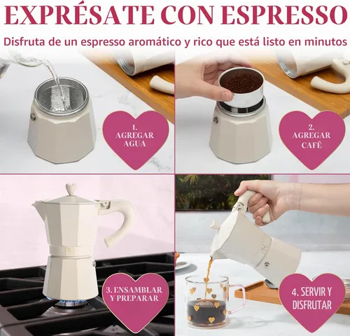 Vista 6 de Paris Hilton Cafetera de café y café para estufa, cafetera de estilo italiano y cubano con emblemática perilla de corazón, perfecta para expreso