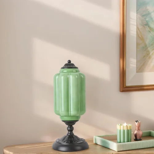 Vista 5 de Lámpara de mesa vintage con pantalla de cristal verde salvia, base de metal de bronce, estilo Art Deco (verde/negro)
