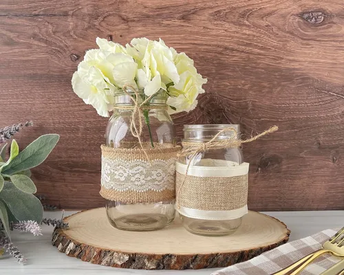 Vista 7 de Set of 12 Burlap and Lace Sleeves for Mason Jars, Sleeves and Twine ONLY, Jars NOT Included, Burlap Mason Jar Wraps, Shabby Chic Centerpieces for