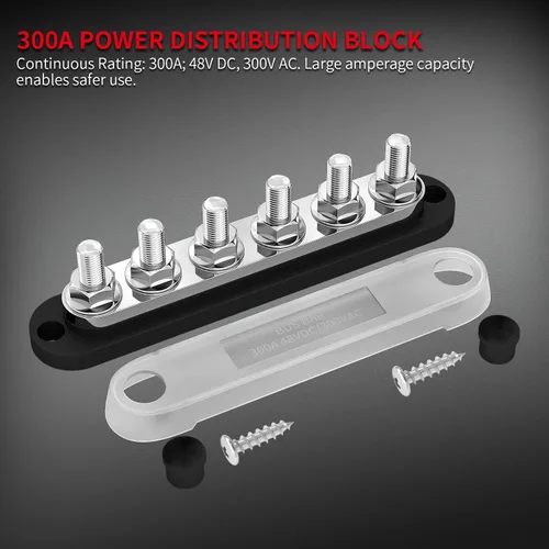 Vista 3 de DaierTek - Barra colectora de 300A 12V marina, bloque de distribución de potencia con cubierta, 6 pernos de 3/8" (M10), máximo 300V CA, 48V CC