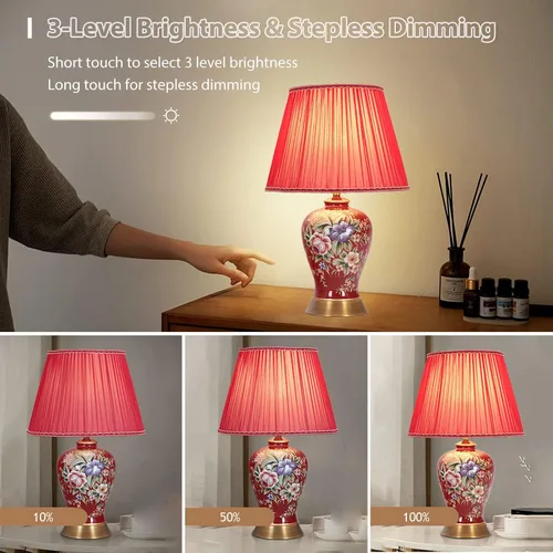 Vista 4 de Lámparas de mesa de cerámica de flores pintadas a mano de color rojo, lámparas chinoiserie de tela americana, lámpara de mesita de noche