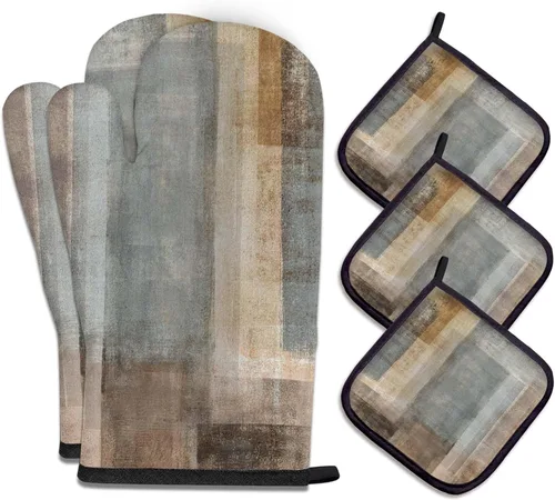 Vista 27 de MCALK Juego de 5 manoplas de horno y soportes para ollas, guantes abstractos para horno y almohadillas calientes para cocina de cocina, manoplas