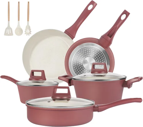 Vista 10 de M MELENTA Juego de ollas y sartenes antiadherentes, juego de utensilios de cocina de cerámica no tóxica, 11 piezas de utensilios de cocina de Crema