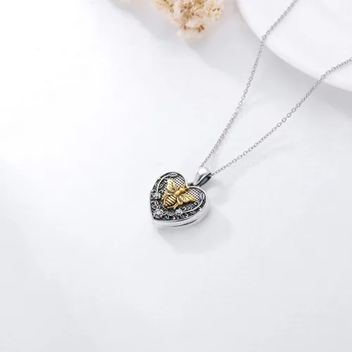 Vista 3 de MBSUUH Collar de plata de ley con medallón de fotos personalizado de mariposa, abeja, cerradura y llave, con imagen antigua, para mujer