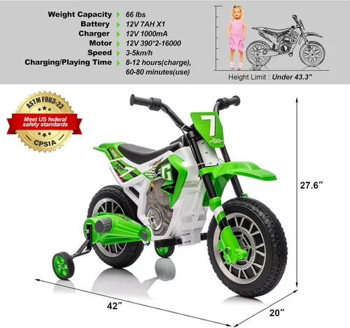 Vista 5 de Motocicleta para niños, motocicleta de paseo con batería 12V7A Verde