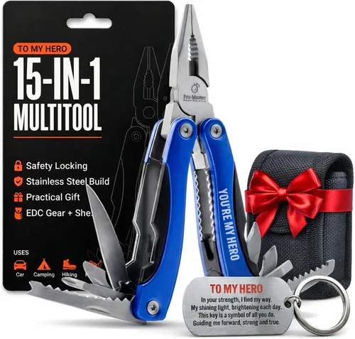 Vista 10 de Práctico relleno de calcetín navideño para hombres, papá, esposo Navaja de bolsillo multiherramienta 15 en 1 y alicates Regalo compacto EDC