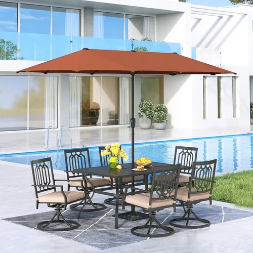 Vista 28 de MFSTUDIO Juego de mesa de comedor para patio al aire libre con paraguas, 4 sillas giratorias y 1 x 37 cuadrado Bistro forjado Iorn Slat mesa grande