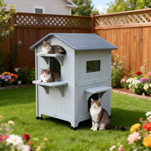 Vista 9 de Casa para gatos climatizada resistente a la intemperie para gatos ferales, refugio elevado de plástico aislado de 2 pisos con puerta de escape, Gris