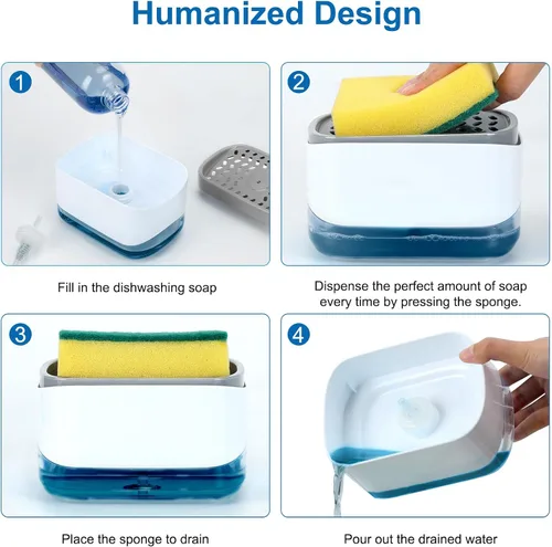 Vista 3 de Dispensador de jabón de calidad premium para cocina - Dispensador de líquido lavavajillas con soporte para esponja, bomba de fregadero y soporte
