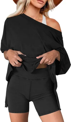 Vista 5 de Nirovien Women's 2 Piece Outfits Matching Workout Sets Oversized Reversible T Shirts and Biker Shorts Set