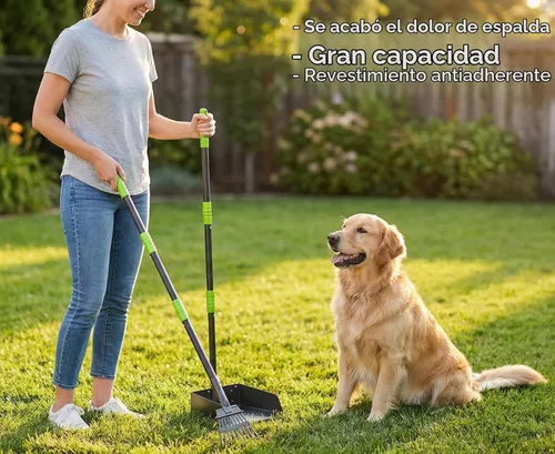 Vista 3 de Niubya Recogedor de excrementos para perros, bandeja de metal para recoger excrementos y rastrillo con mango largo ajustable, recogedor de Negro