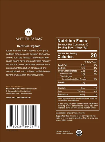 Vista 2 de Antler Farms - Cacao en polvo crudo 100% puro orgánico, 40 porciones, 7.05 oz - Vegano, sin gluten, cultivado naturalmente en la selva amazónica
