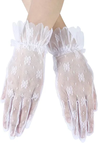 Vista 3 de Ayliss Guantes de encaje para mujer, guantes cortos de boda, elegantes guantes florales de novia de los años 20, ópera, baile, fiesta de té, cosplay