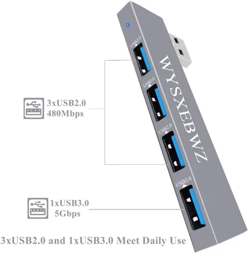 Vista 3 de Hub USB 4 en 1 divisor USB 1 expansor USB 1 * USB 3.0 y 3 * Hub USB 2.0 para computadora portátil, Windows, PC, Mac, impresora, unidad flash