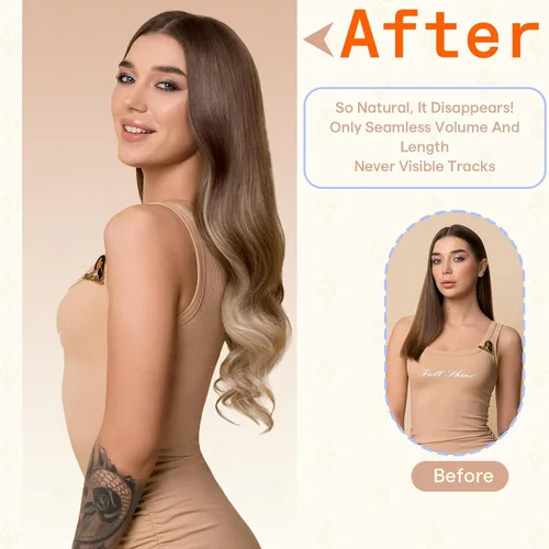 Vista 98 de Full Shine - Extensiones de cabello humano con cinta, mezcla de rubio hongo # 8 castaño ceniza resaltado 60 rubio ceniza