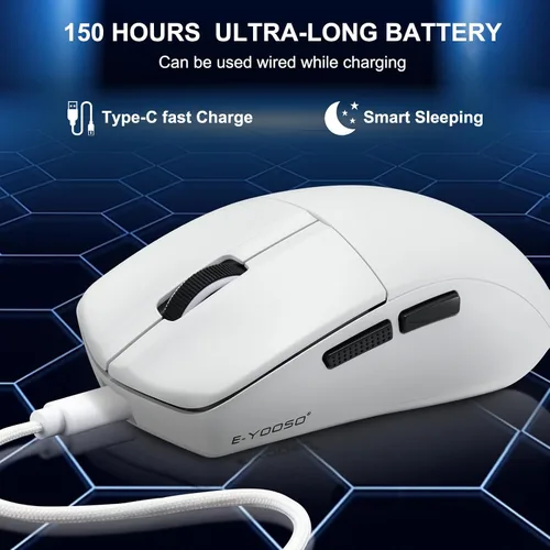 Vista 5 de E-YOOSO Ratón Bluetooth inalámbrico, mouse recargable, mouse para juegos de 26000 DPI con cable, ergonómico superligero, compatible con software