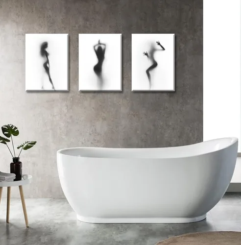 Vista 5 de Arte de pared para decoración de baño, 3 piezas, arte de pared en blanco y negro, pósteres sexys, impresión en lienzo, pintura de silueta nebulosa