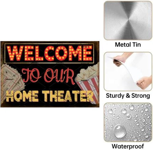 Vista 3 de EMOHAT Letrero de metal retro con texto en inglés "Welcome To Our Home Theater" (Bienvenido a nuestro cine en casa), póster de metal vintage