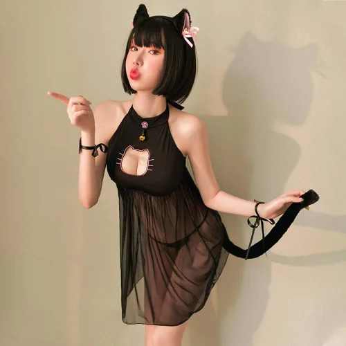 Vista 2 de Sexy Cat Cosplay Lencería Vestido Halloween Kawaii Anime Gatito Ojo de Cerradura Disfraz Lindo Traje de Mucama Japonesa Lolita Ropa