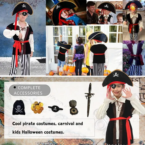 Vista 3 de Qingzhuan Disfraz de pirata para niños, disfraz para niños con sombreros, accesorios de pirata, disfraz para Halloween, fiesta de piratas