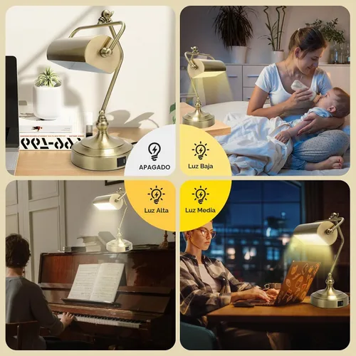 Vista 4 de CONCA Lámpara de escritorio ajustable clásica de toque antiguo, lámpara de banquero, lámpara de piano, lámpara de mesa de protección ocular