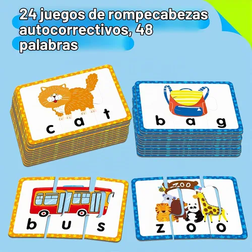 Vista 2 de Juego de 24 tarjetas de rompecabezas de palabras de 3 letras, 72 piezas de rompecabezas de ortografía de palabras autocorrectivos, tarjetas