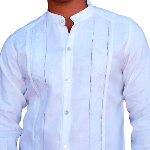 Vista 3 de Camisas de manga larga con hermosos bordados y plisados. Cuello mandarín. Cuello 'Mao. Lino 100%. Blanco