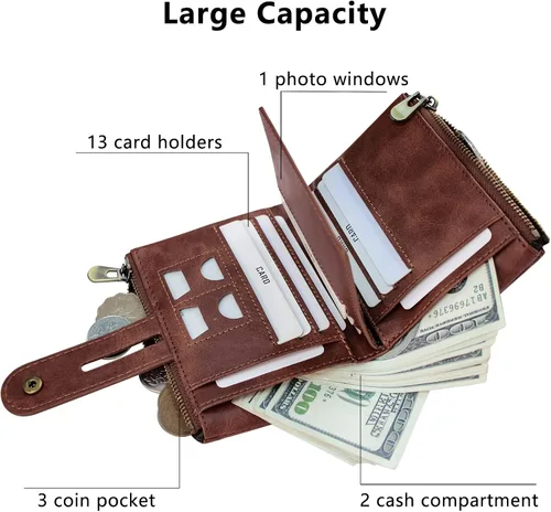 Vista 2 de iSamzan Billeteras de cuero para hombre, con bloqueo RFID, con doble cremallera, bolsillo para monedas con cadena antirrobo, carteras