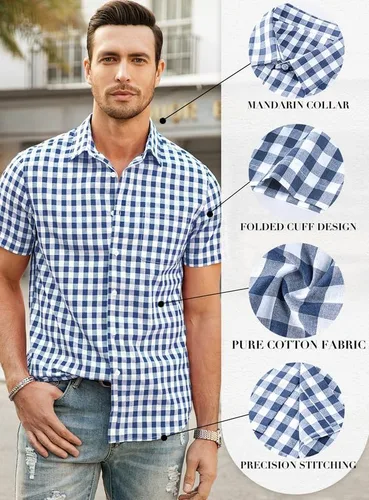 Vista 5 de JMIERR Camisas casuales con botones para hombre, de manga corta, 100% algodón, a cuadros para hombre