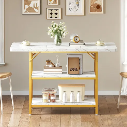 Vista 7 de DWVO Mesa de comedor rectangular de 47 pulgadas para 4 personas, mesa de cocina moderna de mármol blanco con estante de almacenamiento y patas