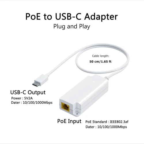 Vista 2 de Convertidor Gigabit PoE a USB C, adaptador USB-C a Ethernet con carga de 10
