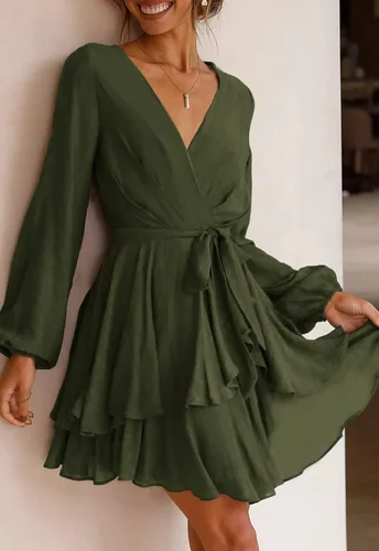 Vista 2 de Ferlema - Vestido sexy con cuello en V y manga larga con volantes y envolvente con lazo en la cintura, estilo casual, acampanado
