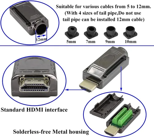 Vista 6 de Adaptador de terminal de tornillo HDMI sin soldadura, módulo HDMI macho sin soldadura, caja de conexiones, conector de cable HD, módulo de señal