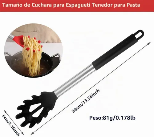 Vista 2 de Tenedor de silicona para pasta, cuchara de espagueti, para cocina, resistente al calor, cuchara de pasta de grado alimenticio con mango de acero