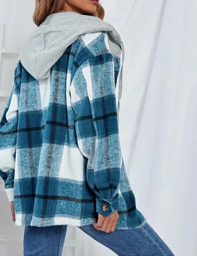 Vista 5 de Wanzetaly Chaqueta con capucha para mujer, bloque de color, casual, de franela, a cuadros, mezcla de lana, camisa con botones y bolsillos