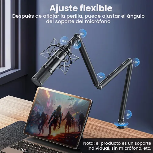 Vista 5 de Brazo de micrófono ajustable para micrófonos ligeros, soporte de escritorio giratorio de 30 pulgadas con gestión de cables y hilos de 3/8 pulgadas