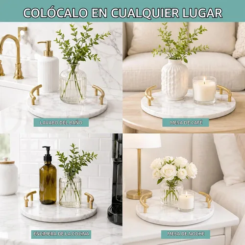 Vista 4 de Bandeja de mármol blanco con asas doradas, bandeja decorativa redonda de mármol para tocador