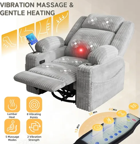 Vista 7 de EROMMY Mecedora reclinable giratoria de gran tamaño con masaje y calor, mecedoras para cuarto de bebé para sala de estar, cómoda silla deslizante