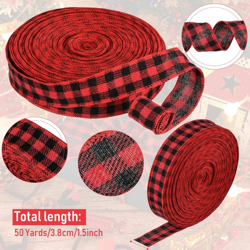 Vista 2 de Chuangdi Cinta de franela con alambre rojo y negro, 50 yardas, decoración de regalo de graduación para bricolaje, festivales, granja, árbol