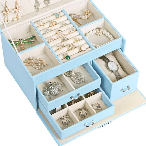 Vista 4 de BEWISHOME SSH78L - Joyero de 20 secciones para niñas, organizador de joyas con cerradura portátil para mujeres, niñas, niños, color azul