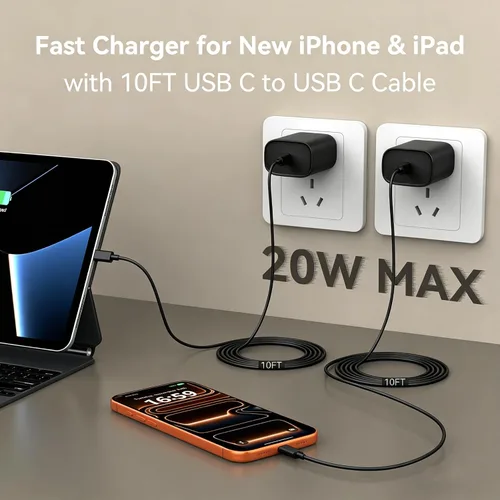 Vista 3 de Cargador de teléfono 17 16 15 de carga rápida, cable de carga USB C de 10 pies de largo con bloque de carga rápida de teléfono tipo C de 20 W