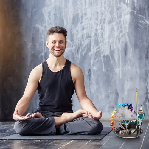 Vista 5 de Quemador de Incienso de Reflujo de Cerámica Cascada de Incienso 7 Chakras Árbol de Cristal Soporte de Incienso Namaste Yoga Meditación y Decoración