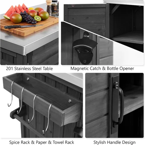 Vista 5 de JIVOIT Isla de cocina al aire libre de 78.3 pulgadas con mesa plegable, carrito de madera para exteriores con almacenamiento de basura y parte