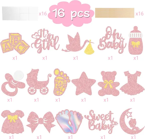 Vista 4 de 16 piezas de centros de mesa de fiesta It's A Girl para niñas, decoración de fiesta de baby shower, con purpurina de oro rosa Oh Baby Reveal
