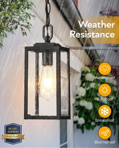 Vista 3 de VIANIS Luces colgantes al aire libre, lámparas colgantes exteriores para porche delantero, moderna iluminación exterior negra para patio con vidrio