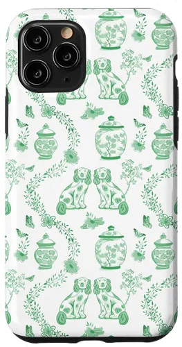 Vista 28 de Funda para iPhone XS Max Preppy Green & White Toile Chinoiserie Dogs and Ginger Jars